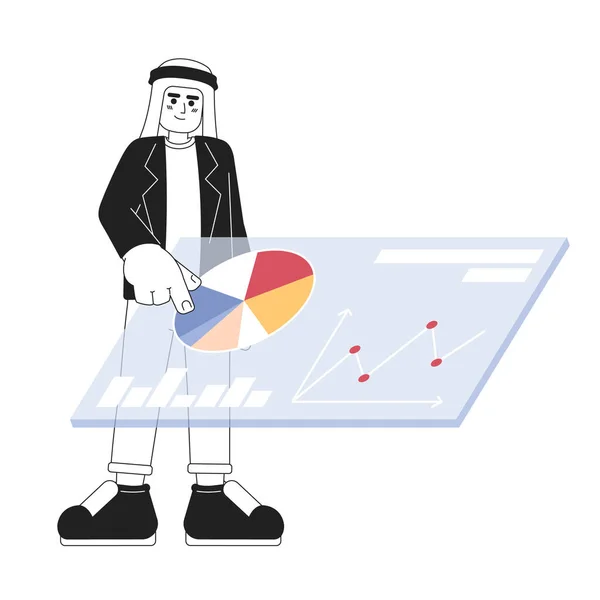 Saúdský Muž Dotýkající Marketingové Analytiky Palubní Deska Černá Bílá Kreslená — Stockový vektor