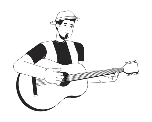 Musiker Spielt Akustikgitarre Schwarz Und Weiß Linie Cartoon Charakter Kaukasischer — Stockvektor