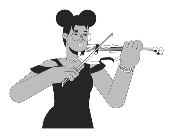 弹奏乐器的女小提琴家黑白相间的2D线条卡通人物 非裔美国青年妇女孤立的病媒轮廓人 小提琴演奏者单色平面插画 — 图库矢量图片