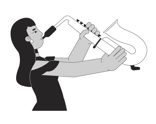 黒と白の2Dライン漫画のキャラクターを演奏するエレガントなインドの女性 サックスを隔離されたベクターの輪郭を保持する南アジアの女性 ジャズサックス奏者モノクロマティックフラットスポットイラスト — ストックベクタ