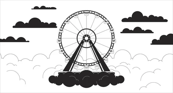 フェリスホイールサンセット雲 黒と白のラフィの壁紙 フェアグラウンド天の雲景2Dアウトラインシーン漫画フラットイラスト パークアミューズメントサンライズベクターライン 美的な背景 — ストックベクタ