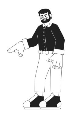 Beyaz sakallı beyaz adam siyah-beyaz 2D çizgi film karakterini işaret ediyor. Avrupalı yetişkin erkek, elle izole edilmiş vektör çizgisi kişisi gösteriyor. Sakallı adam tek renkli düz nokta çizimi yapıyor.