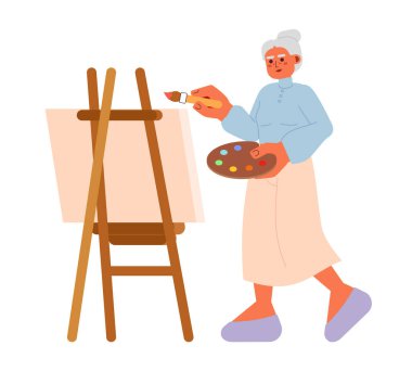 Tuval karikatür düz çizim üzerine son sınıf resim dersi. Boya fırçası tutan emekli sanatçı kadın beyaz arka planda izole edilmiş 2D karakter. Ressam olgun bayan sahne vektör rengi resmi çiziyor