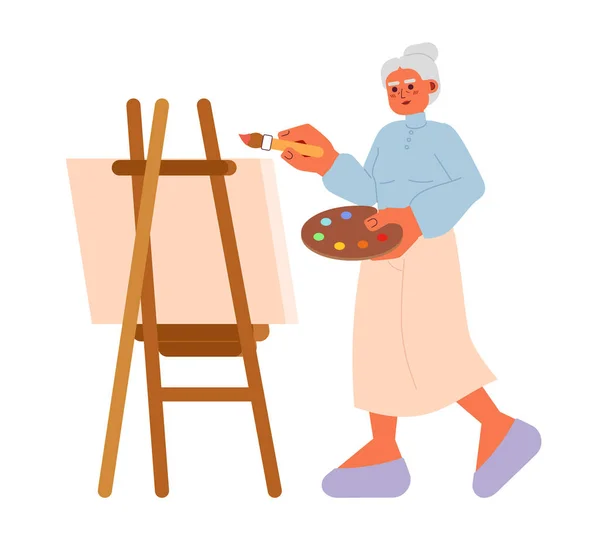 Senior Painting Class Canvas Cartoon Flat Illustration Retired Artist Woman — Stock Vector