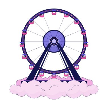 Bulutların üzerindeki dönme dolap 2D doğrusal çizim konsepti. Park eğlencesi bulutlu karikatür nesnesi beyaza izole edildi. Cennette lunapark gezintisi gökyüzü metaforu soyut düz vektör ana hatları grafiği