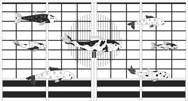 浸水した家で泳ぐカープコイ 黒と白のラフィの壁紙 日本の伝統的なドアニシコイ魚2Dアウトラインキャラクターのフラットイラスト ベクトルライン 美学的背景 — ストックベクタ