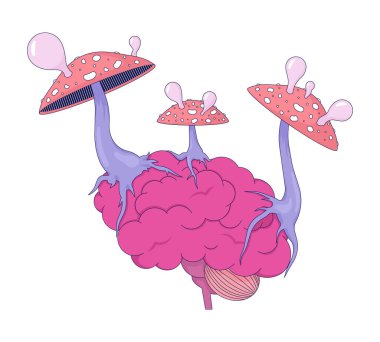 Beyinde büyüyen halüsinojenik parazit mantarlar 2D doğrusal çizim konsepti. Mantar mantarı, beyaza izole edilmiş zihin karikatürü nesnesini etkiliyor. Metafor soyut düz vektör ana hatları grafiği
