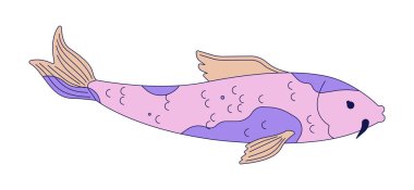 Süslü sazan 2D çizgi film karakterini lekelemiş. Japon göleti için oryantal balık, su bahçesi izole edilmiş çizgi vektör hayvan beyazı arka plan. Nishikigoi yüzme rengi düz nokta çizimi