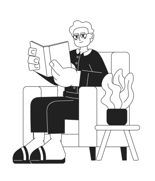 Senior Reading Book Black White Cartoon Flat Illustration Elderly Adult — Stock Vector
