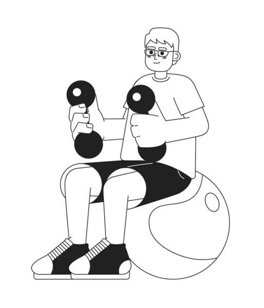 自宅で黒と白の漫画フラットイラストで高齢者運動 単離されたシニアカーリングダンベル線2D文字 重みを持ち上げる男を引退する 高齢男性ジムモノクロマティックシーンベクター画像 — ストックベクタ