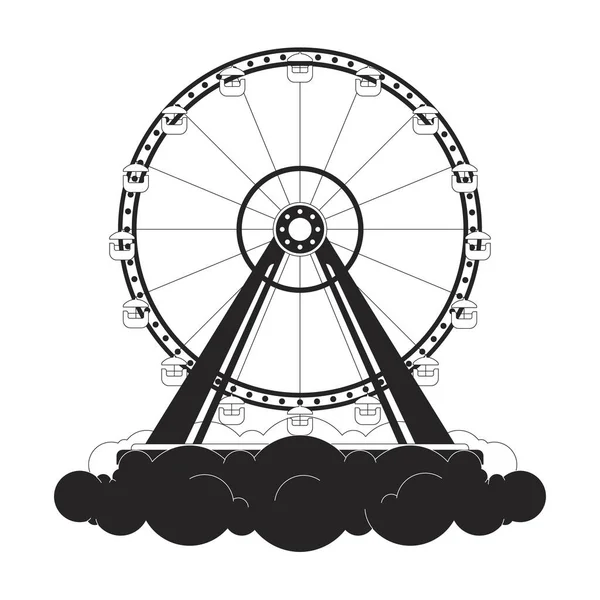 摩天轮在乌云之上的黑白二维图解概念 公园游乐园云景卡通人物轮廓物体孤立于白色之上 天上人间的游乐之旅 单色矢量艺术 — 图库矢量图片
