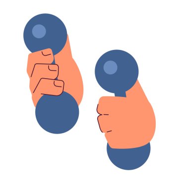 Dambıllar, çizgi film karakterlerinin el çizimlerini tutuyor. Spor salonundayım. Halterin kıvrımlı 2B vektör görüntüsü beyaz arkaplanda izole edildi. Ağırlık kaldırma ekipmanı. Fitness sınıfı düzenlenebilir düz clipart rengi