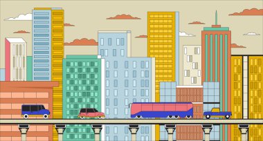 Cityscape Day çizgi çizgi çizgi filmi düz çizim. Araçların yol ulaşımı 2D hat sanatının arka planı. Binalar, gökdelenler, ulaşım otoyolu köprüsü. Şehir sahne vektör rengini yükselt