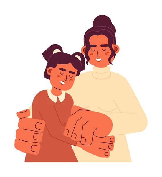 西班牙裔年轻的女儿妈妈抱着2D卡通人物 拉丁母亲拥抱女孩孤立的病媒人白色背景 温柔的问候 家庭亲密色平面点画 — 图库矢量图片