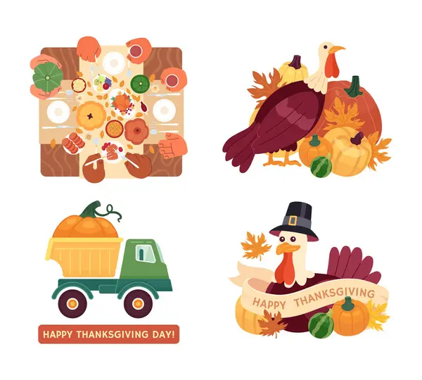 Happy Thanksgiving Day Illustration Concepts Set Family Dinner Pumpkin Truck — Stock Vector