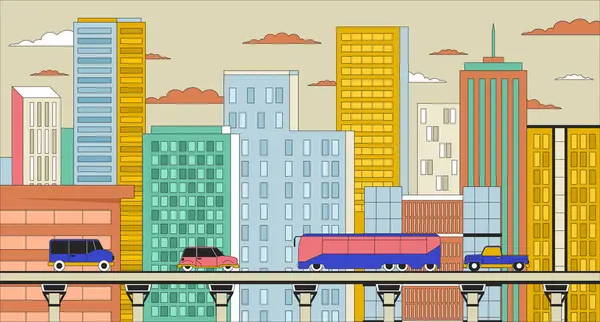 シティスケープデイライン漫画フラットイラスト 車両の道路輸送2Dラインナップの景色の背景 建物は高層ビル 高速道路橋を輸送する 都市のシーン ベクター色のイメージを高める — ストックベクタ
