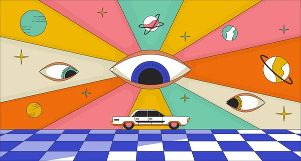 Psychedelischer Roadtrip Lineares Illustrationskonzept 60Er Jahre Trippy Augen Wachen Über — Stockvektor