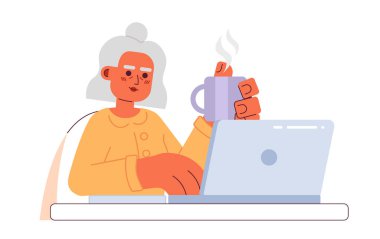 İnternet 'te 2D çizgi film karakteri sörfü yapan son sınıf İspanyol kadın. Latin büyükanne çevrimiçi izole edilmiş vektör beyaz arka plan alışverişi yapıyor. Latin Amerikalı kadın blog rengi düz nokta illüstrasyonunu okuyor