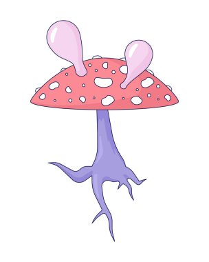 Halüsinojenik mantar 2D doğrusal çizgi film nesnesi. Zehirli mantar üfleme kabarcıkları izole çizgi vektör elementi beyaz arka plan. Amanita muscaria psychedelics renk düz nokta illüstrasyonu