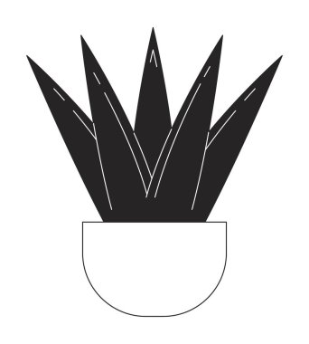 Çiçek saksısı, siyah-beyaz 2B çizgi çizgi film nesnesi. Keskin yapraklı, izole vektör ana hatlı Aloe saksı bitkisi. Evergreen ev iç dekorasyonu monokromatik düz nokta çizimi