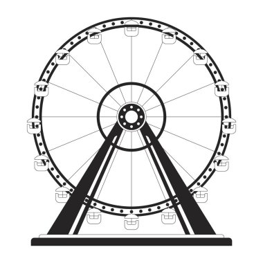 Fuar alanı dönme dolabı siyah-beyaz 2D çizgi çizgi film nesnesi. Park eğlencesi izole vektör ana hatları öğesi. Çocukluk zevki. Rekreasyon gözlem çarkı monokromatik düz nokta çizimi