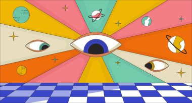 Harika psikedelik dünya 2D doğrusal çizim konsepti. 70 'lerin retro' su, göz teması kuran çizgi film sahnesini izliyor. Çılgınca gerçeküstü. Rüya halüsinasyon metaforu soyut düz vektör ana hatları grafiği