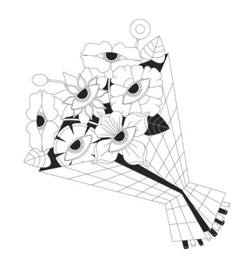 Göz bebeği çiçekleri siyah-beyaz 2B çizim konsepti. Boho 70 'lerin tüyler ürpertici çiçek düzenleme çizgi film ana hatları beyaz üzerine izole edilmiş nesne. Tuhaf çiçekler metaforu monokrom vektör sanatı