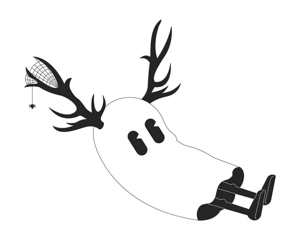 かわいいゴースト 鹿の反対者を身に着けている黒と白の2Dライン漫画のキャラクター スパイダーウェブを分離したベクターアウトラインパーソナリティを持つハロウィンフレンドリーな精神 カワイゴーストモノクロマティックフラットスポットイラスト — ストックベクタ