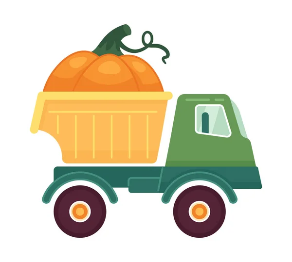 トラックカボチャ収穫2D漫画オブジェクト 野菜農地の車両は ベクターアイテム白い背景を隔離しました 感謝祭の秋のシーズン パンプキン配送 配送色 フラットスポットイラスト — ストックベクタ