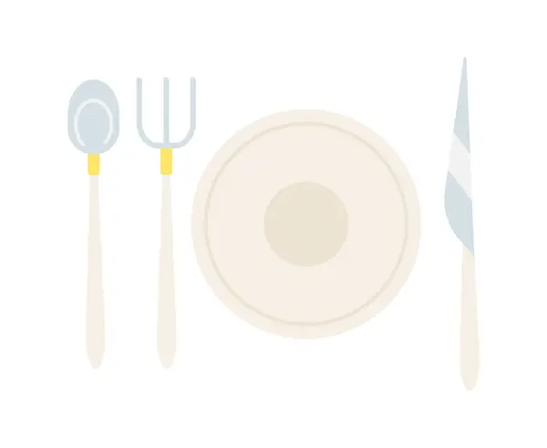 餐具设置2D卡通对象 宴会餐具隔离载体项目白色背景 叉刀勺与盘子 银器的位置设置 婚纱器皿色斑图解 — 图库矢量图片