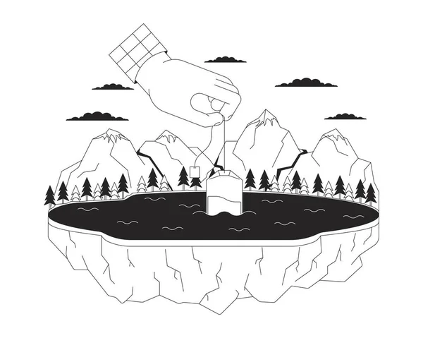 Teebeutel Bergsee Schwarz Weiß Illustrationskonzept Surreale Dunking Teebeutel Wasser Cartoon — Stockvektor