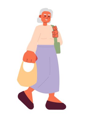 Yaşlı kadın alışverişe gidiyor. 2D çizgi film karakteri. Yaşlı müşteri, vektör beyaz arka planı izole etmiş. Çanta taşıyan yaşlı bir kadın. Kadın son sınıf alışveriş rengi düz nokta illüstrasyonuName