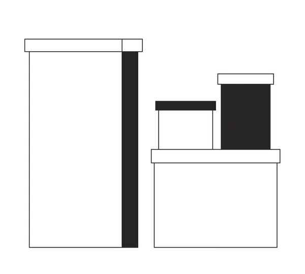 取消礼品盒堆放黑白二维线条卡通人物 纸板箱堆栈孤立的矢量轮廓项 用品储存 移动包单色斑图解 — 图库矢量图片