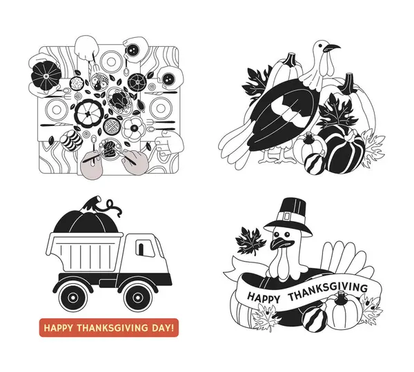 Happy Thanksgiving Day Schwarz Weiß Illustrationskonzepte Eingestellt Familienessen Kürbis Truck — Stockvektor