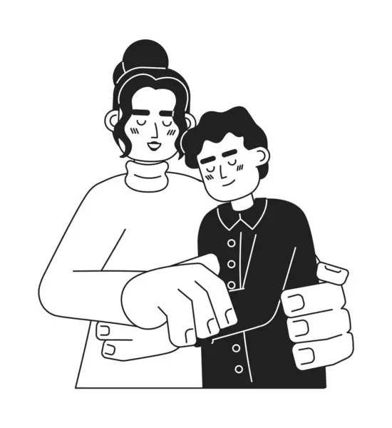 拉丁裔母亲十几岁的儿子拥抱黑白二维卡通人物 西班牙裔母亲拥抱安慰男孩孤立的病媒轮廓人 感谢你的单色平面插画 — 图库矢量图片