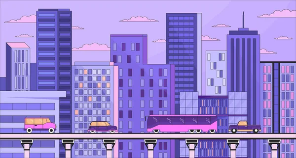 Ilustración Plana Dibujos Animados Línea Metrópolis Nocturna Vehículos Carretera Paisaje — Vector de stock
