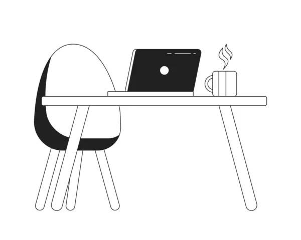 写字台笔记本电脑 装有黑色和白色的黑色和白色二维卡通物品 工作空间计算机 蒸汽杯隔离向量项目 舒适的桌椅单色平面点画 — 图库矢量图片