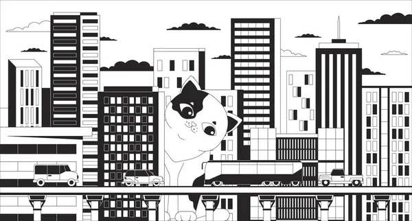 Gato Gigante Olhando Sobre Conceito Ilustração Preto Branco Cidade Gatinho — Vetor de Stock