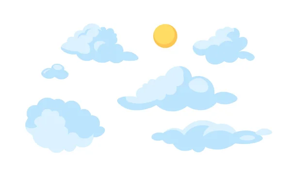 太阳云彩漫画平面插图 云彩将二维云彩隔离在白色背景下 天气预报 桑尼积雨云 气象学 早上和平的天空场景矢量彩色图像 — 图库矢量图片