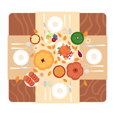 Şükran Günü yemek masası 2D karikatür nesnesi. Sonbahar hasat ziyafeti tabakları izole edilmiş vektör öğesi beyaz arka plan. Türkiye ve balkabağı turtası düzenleme rengi düz nokta illüstrasyonu