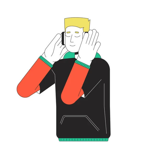 Pressing Headphones Teen Boy Linear Cartoon Character Listening Music Beats — Stock Vector