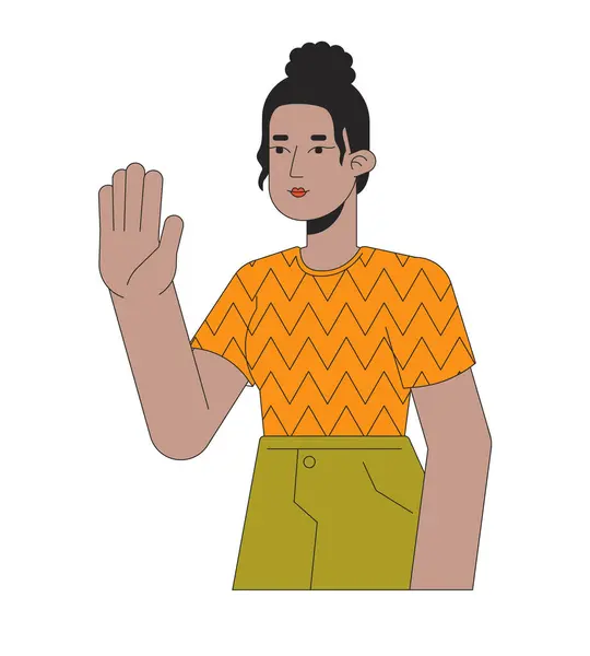 ハイ2Dリニア漫画のキャラクターを言うトップノットブラックガール アフリカ系アメリカ人女性 ポジティブな挨拶孤立した線ベクトル人白い背景 手を止める ノンバーバルカラーフラットスポットイラスト — ストックベクタ
