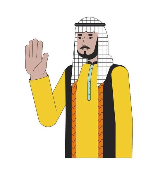 Homem Árabe Saudita Acenando Feliz Personagem Desenho Animado Linear Dizendo — Vetor de Stock