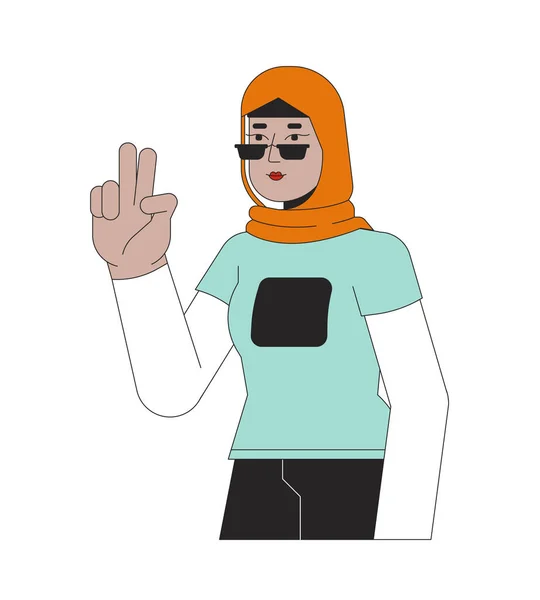 Snygg Muslimsk Kvinna Visar Seger Tecken Linjär Tecknad Karaktär Solglasögon — Stock vektor