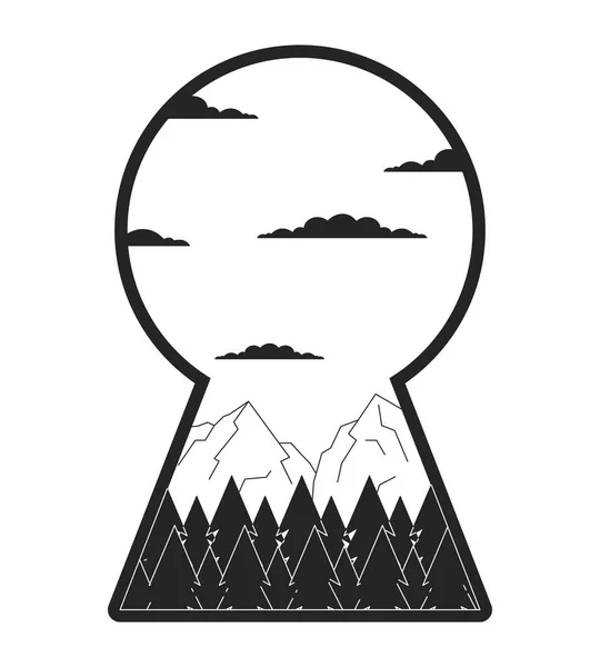 Friedliche Berge Schlüssellochform Schwarz Weiß Illustrationskonzept Berglandschaft Inneren Der Schlüssellochtür — Stockvektor