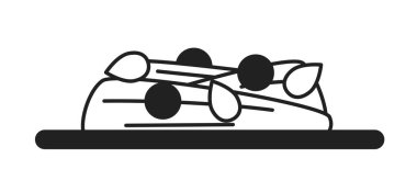 Spagetti tabağı siyah beyaz 2D çizgi film nesnesi. İtalyan yemeği. Makarna kasesi izole edilmiş vektör ana hatları. Ev yapımı, sebzeli, tek renkli, lezzetli şehriye.