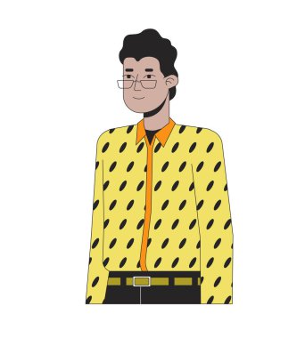 Gözlüklü Hintli, tasarımcı gömlekli, 2D çizgisel çizgi film karakteri. İzole edilmiş çizgi vektörü beyaz arkaplan pozu. Gözlüklü gülümseyen Güney Asyalı adam düz nokta çizimi