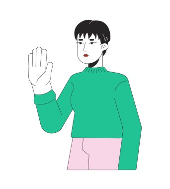 Pixie, Koreli kadının 2D çizgi film karakteriyle el sallamasını kesti. Yakışıklı Asyalı bayan izole edilmiş hat vektörünü selamlıyor beyaz arka plan. Elini bırak. Merhaba, düz nokta illüstrasyonu.
