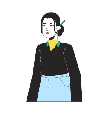 Asyalı ofis hanımı Çinli saç tokası takıyor. 2D çizgi film karakteri. İzole edilmiş çizgi vektörü beyaz arkaplan. Ortalama bir şirket çalışanı günlük renk düz nokta çizimi