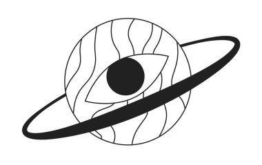 Psikedelik göz küresi gezegeni, siyah-beyaz 2D karikatür kavramsal nesne. Göz izole edilmiş vektör ana hatlı gizemli küre. Uzaylı yaratık tek renkli düz nokta illüstrasyon kavramını benimsedi.